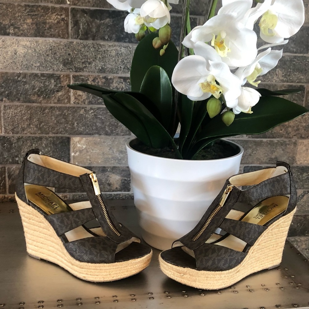 Michael Kors Brown Monogram MK Zip Up Wedges